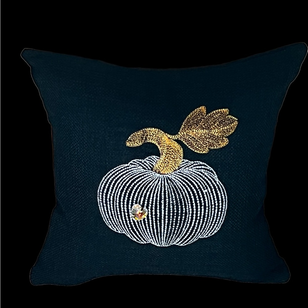 Fall Pillow with White embroidered Pumpkin with faceted glass crystal heart